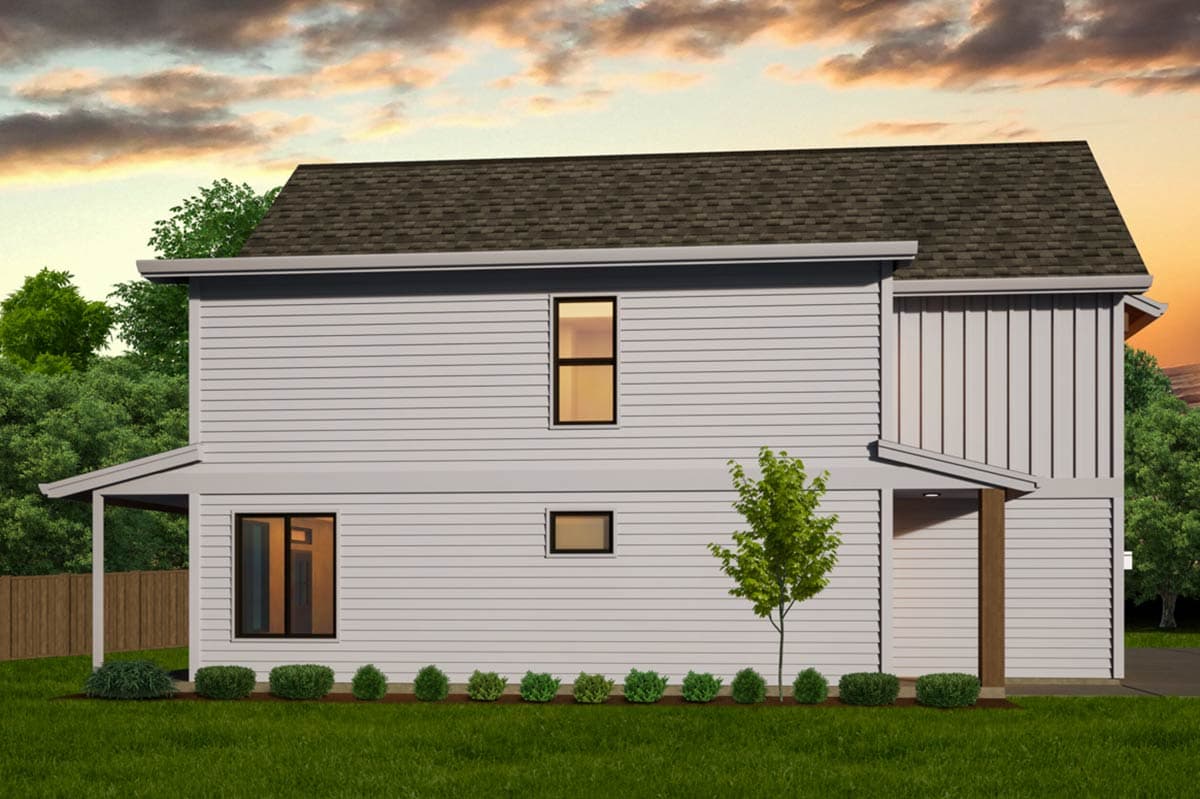 House plan exterior: Two-story modern home with horizontal siding, board and batten accents, shed rooflines, and covered entry.