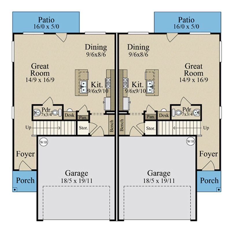 Plan 85470MS: 3-Bed Multi-Family House Plan with 2 Car Garage -1767 Sq Ft Per Unit - Floor Plan - Main Level - Contemporary