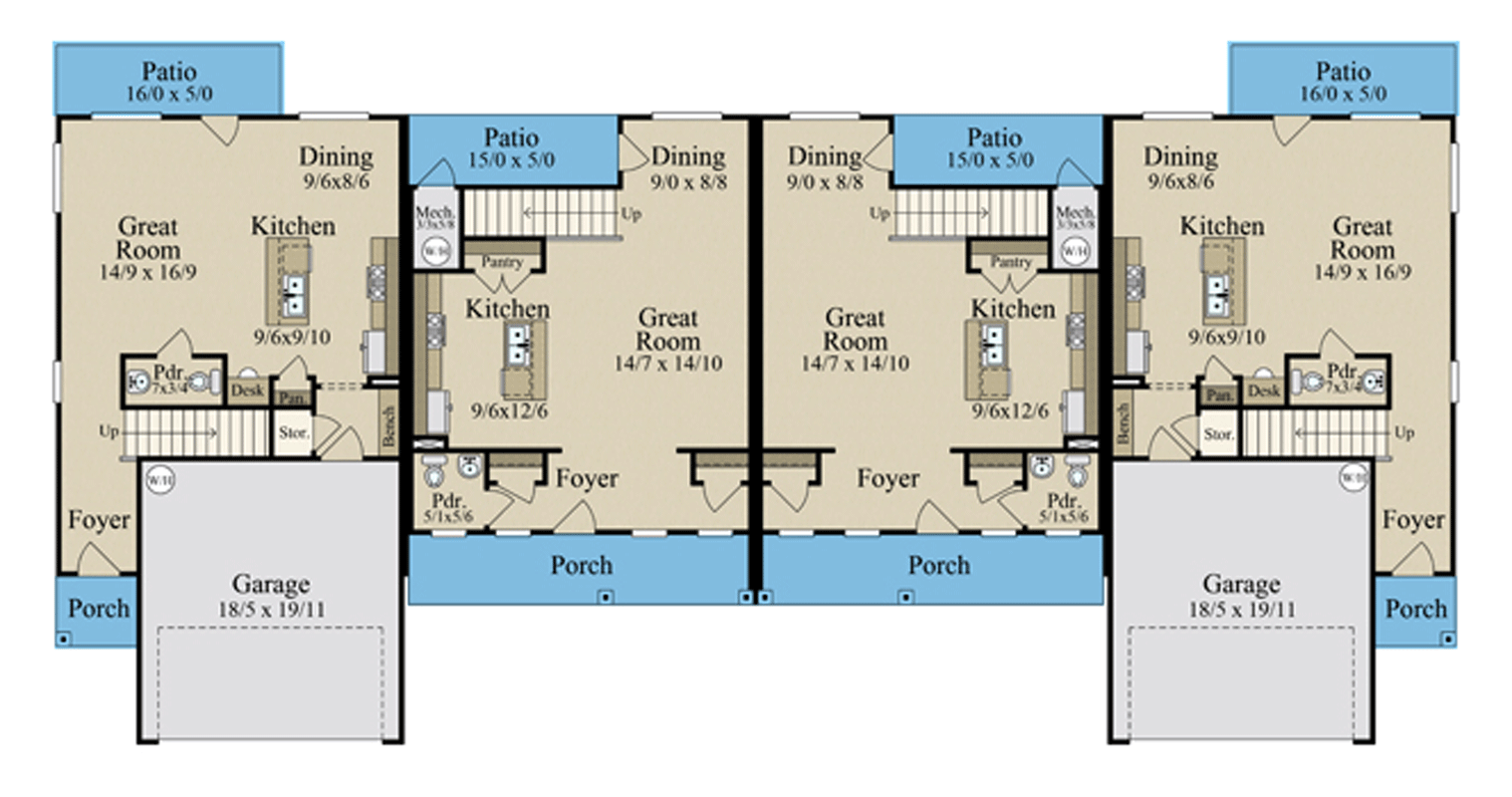 Plan 85471MS: Two-Story Quadplex House Plan with Matching End Units and Middle Units - Floor Plan - Main Level - Contemporary, Farmhouse