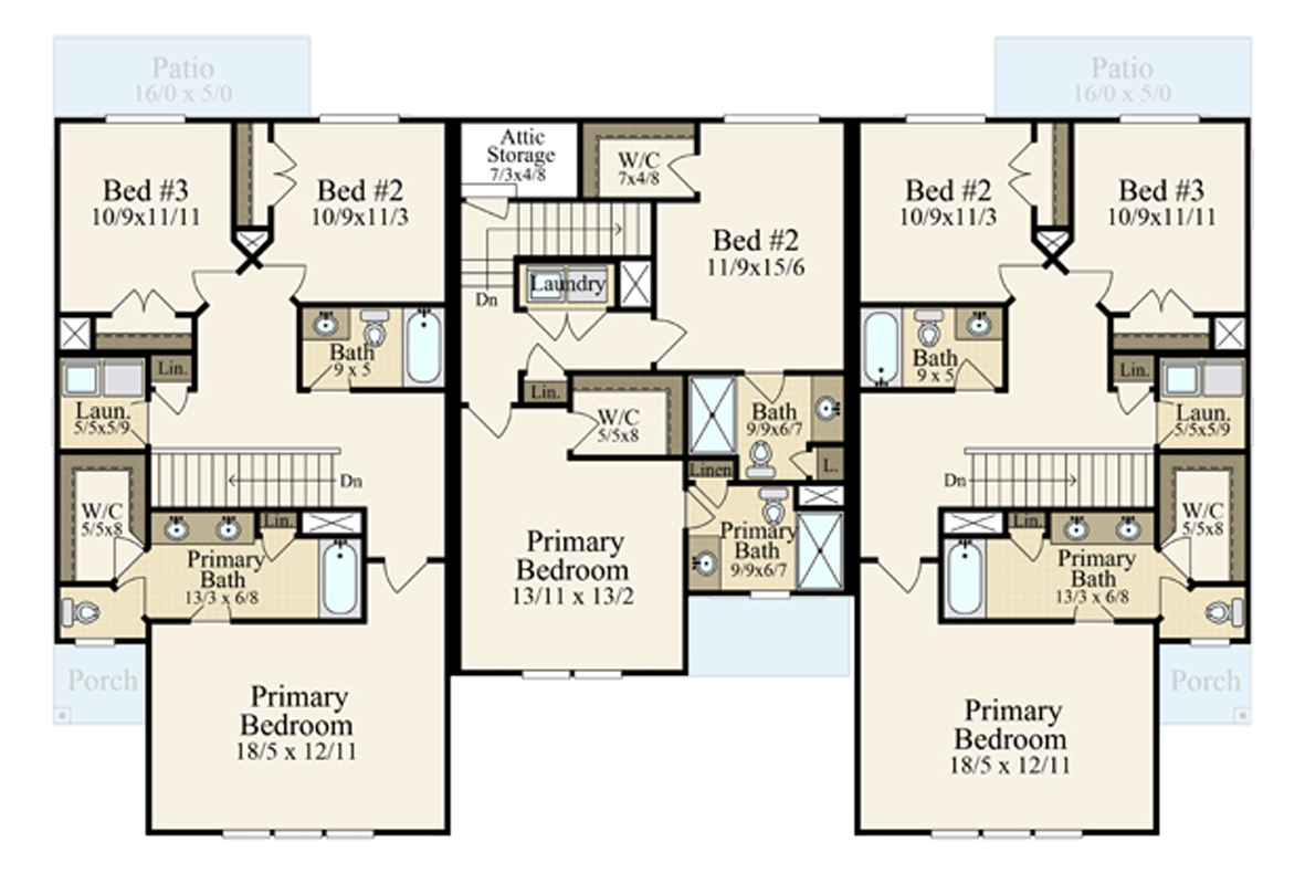 Plan 85473MS: Two-Story Triplex House Plan with Two 3 Bed Units and One 2 Bed Unit - Floor Plan - 2nd Floor - Contemporary, Farmhouse