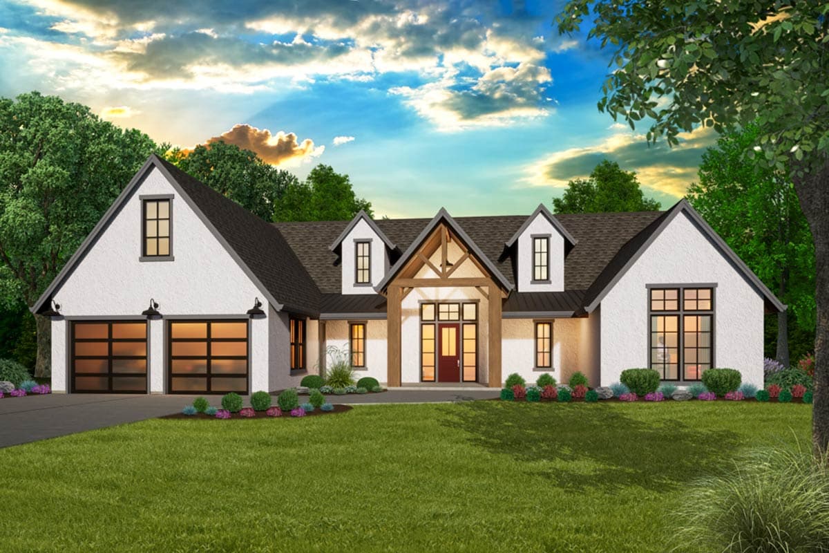 House plan exterior. Modern Farmhouse style with two stories, a front gable roof, dormers, and a covered porch. Includes a two-car garage.