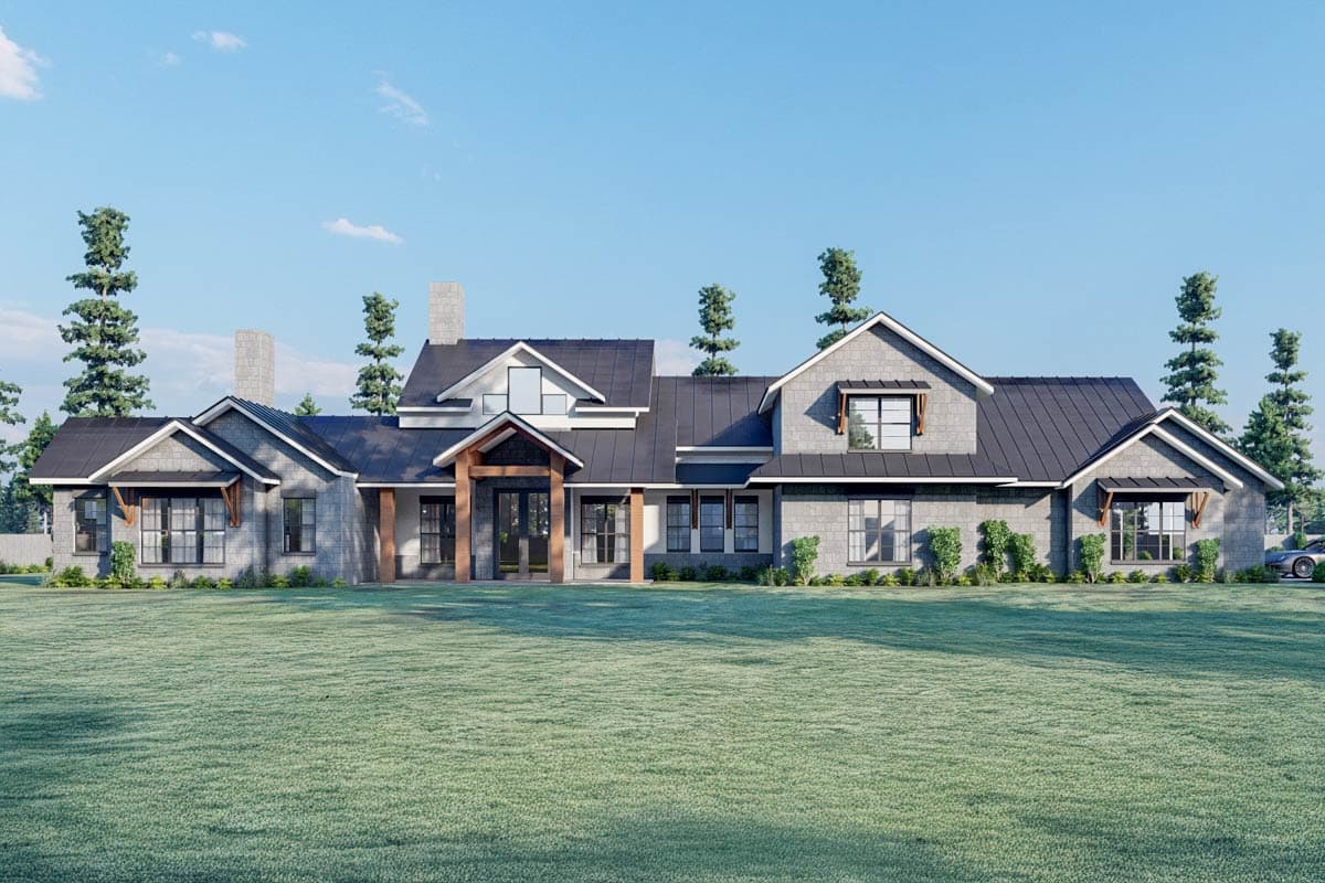 House plan exterior. Two-story Modern Farmhouse with gable roof, exposed timber accents on the entry porch, and multiple dormers.