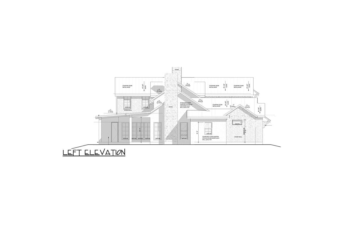 Left elevation house plan showing a two-story structure with stone walls, a prominent chimney, and standing seam metal roof.