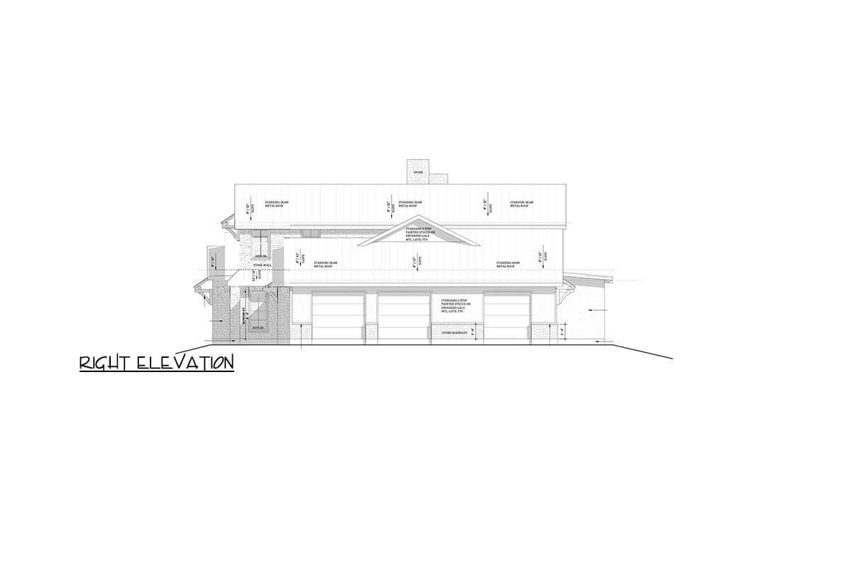 Right elevation drawing of a two-story house plan featuring a standing seam metal roof, stone wall accents, and a three-car garage.