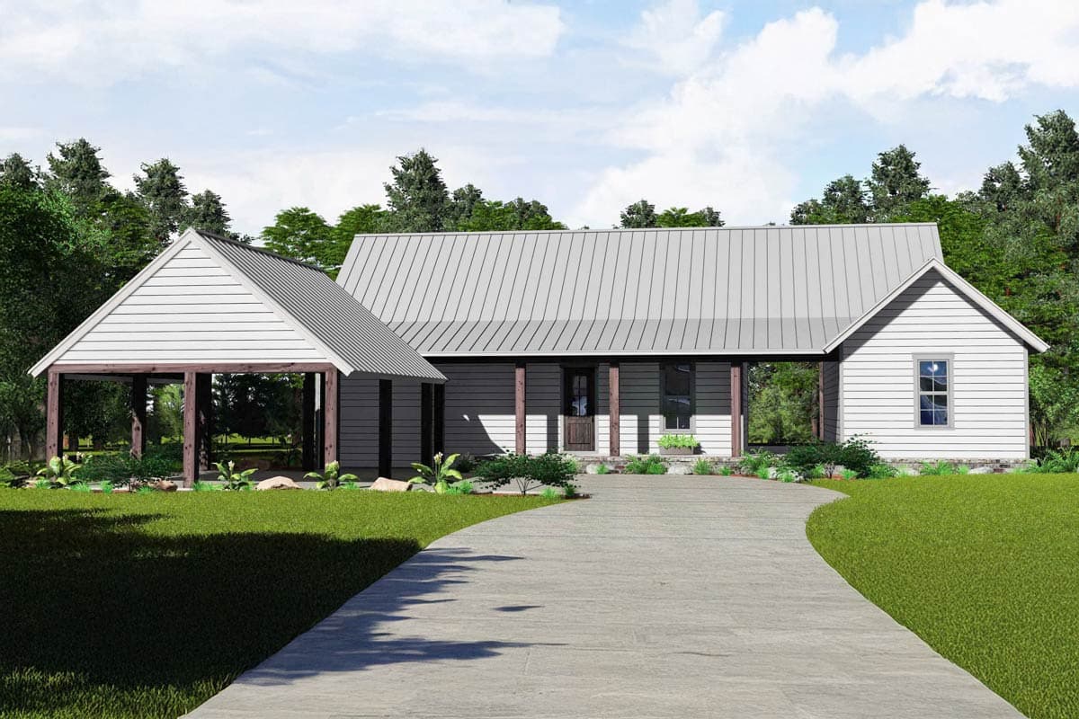 House plan exterior with metal roof, one story, and a gabled porch. Also includes a shed roof over a wooden post porch.