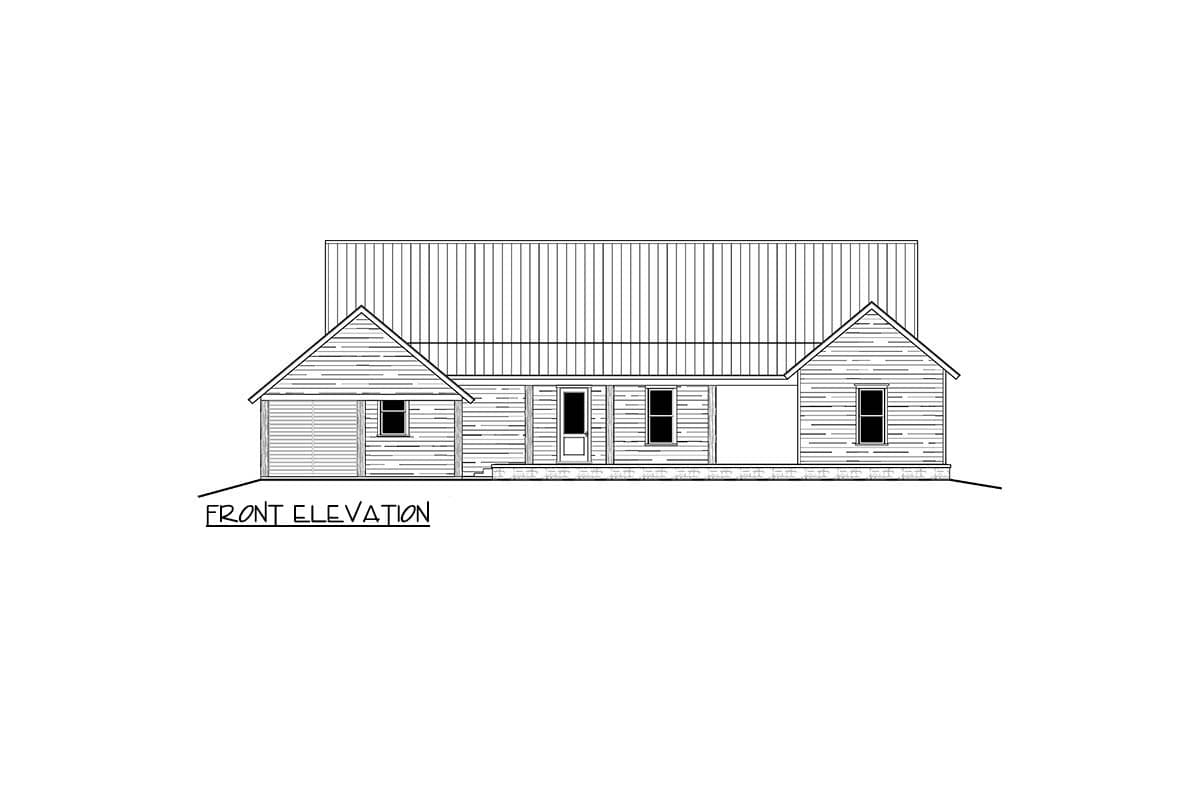 Front elevation drawing of a single-story house with a gabled roof, covered porch, and two gabled wings.