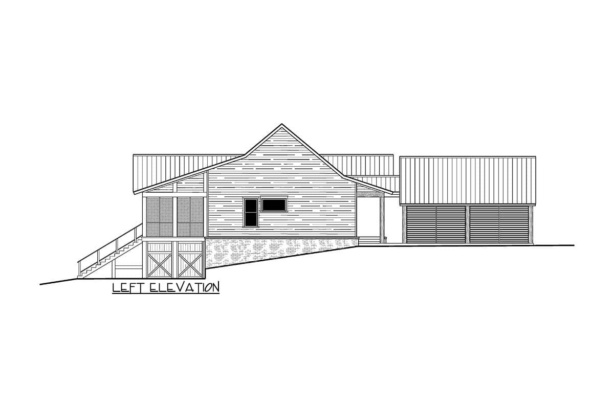 Left elevation drawing of a house plan featuring a screened porch, gabled roof, and attached garage with louvered doors.