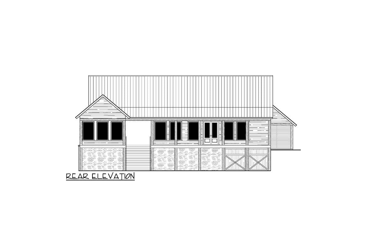 Rear elevation drawing of a house plan with gabled roof, multiple windows, and stone and horizontal siding.