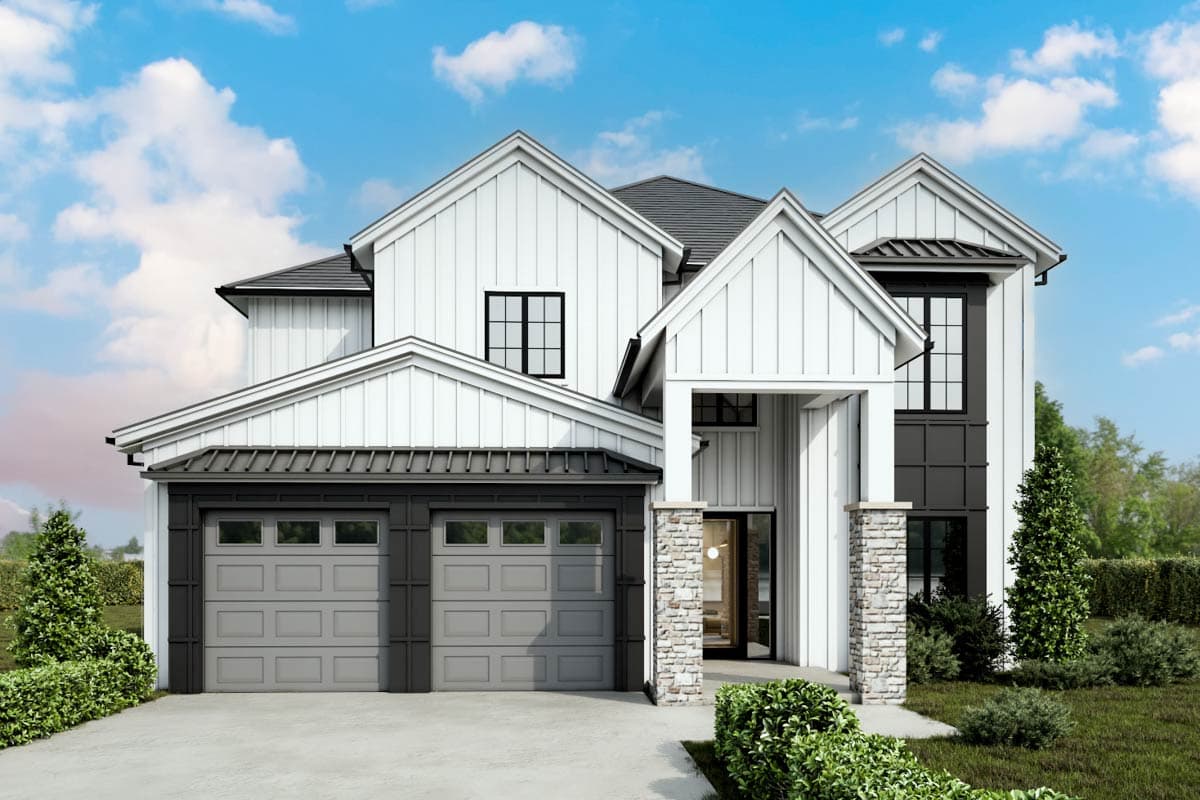 House plan exterior. Two-story Modern Farmhouse with gables, a covered entry, and a two-car garage. Features vertical siding and black window frames.