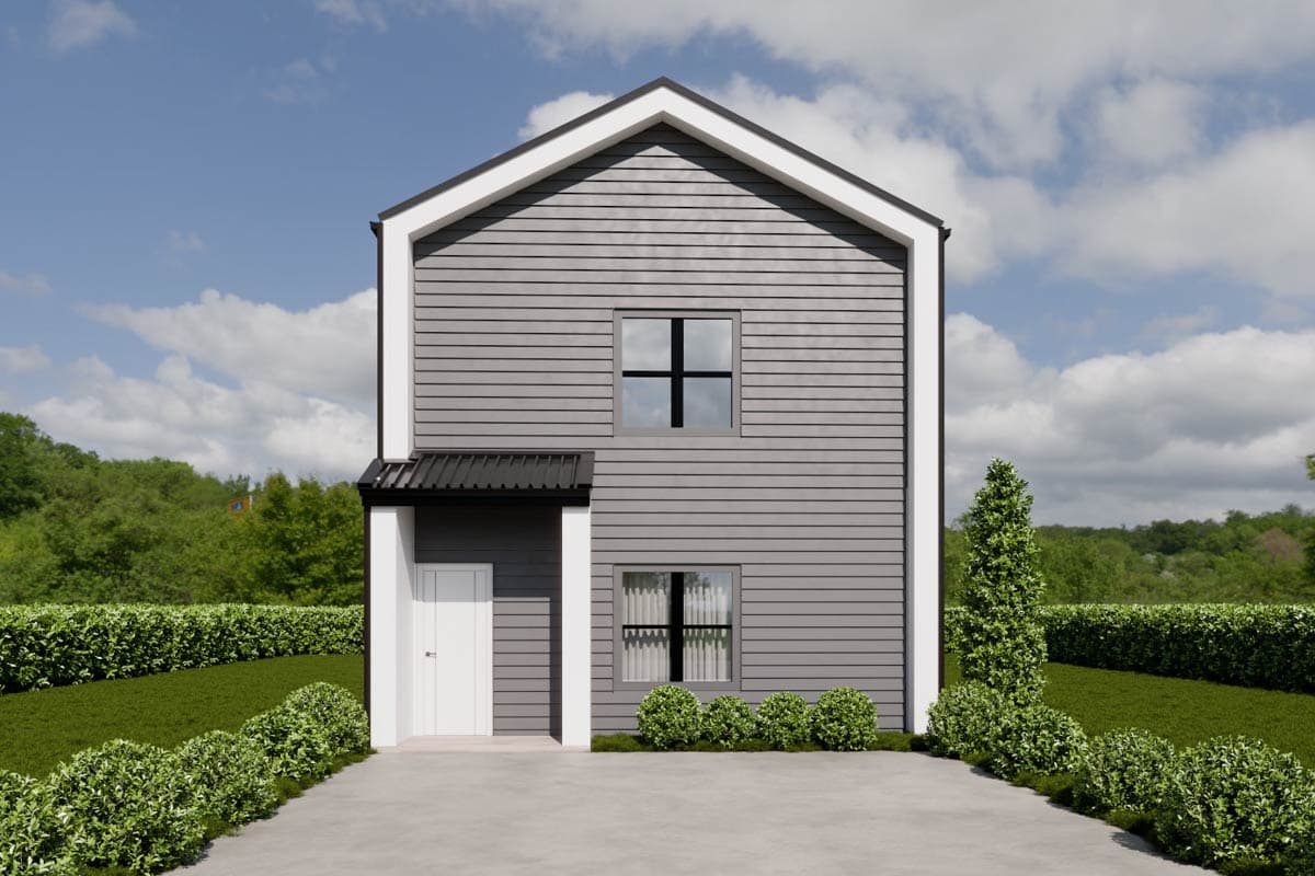 House plan exterior. Two-story Modern house with a gabled roof, a covered entry, and horizontal siding. White trim accents the windows.