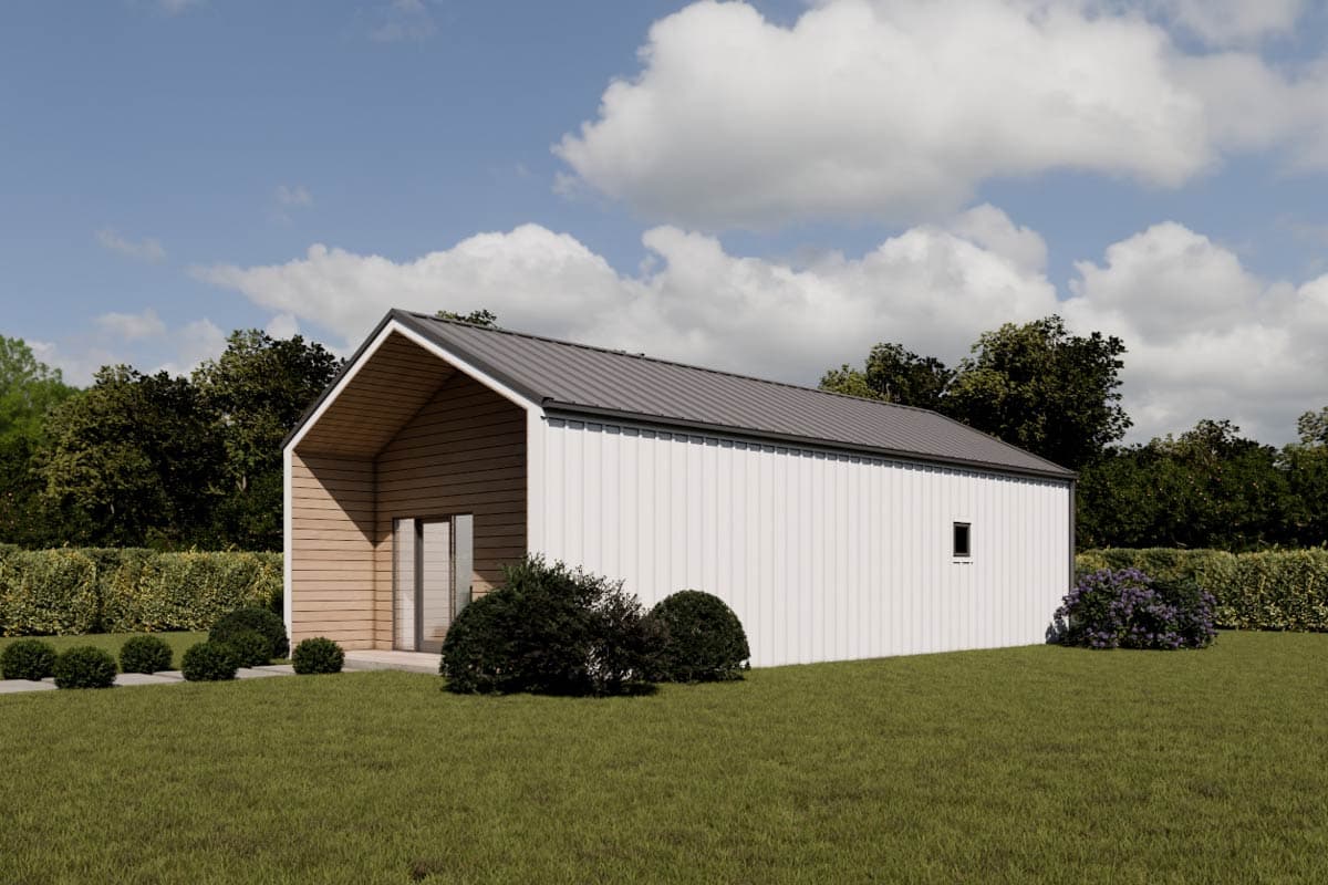 Modern house plan exterior: one story, metal gable roof, wood siding entrance, white vertical siding, and small square window.