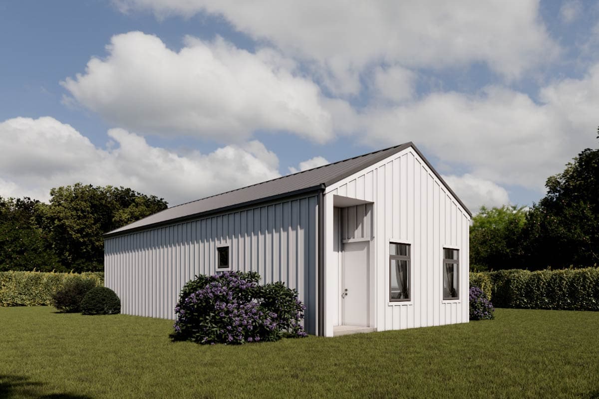 House plan exterior: modern style, white vertical siding, gable roof, minimal windows, and a recessed entryway.