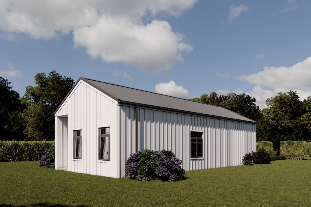 Modern house plan exterior with vertical siding, gable roof, and two windows.