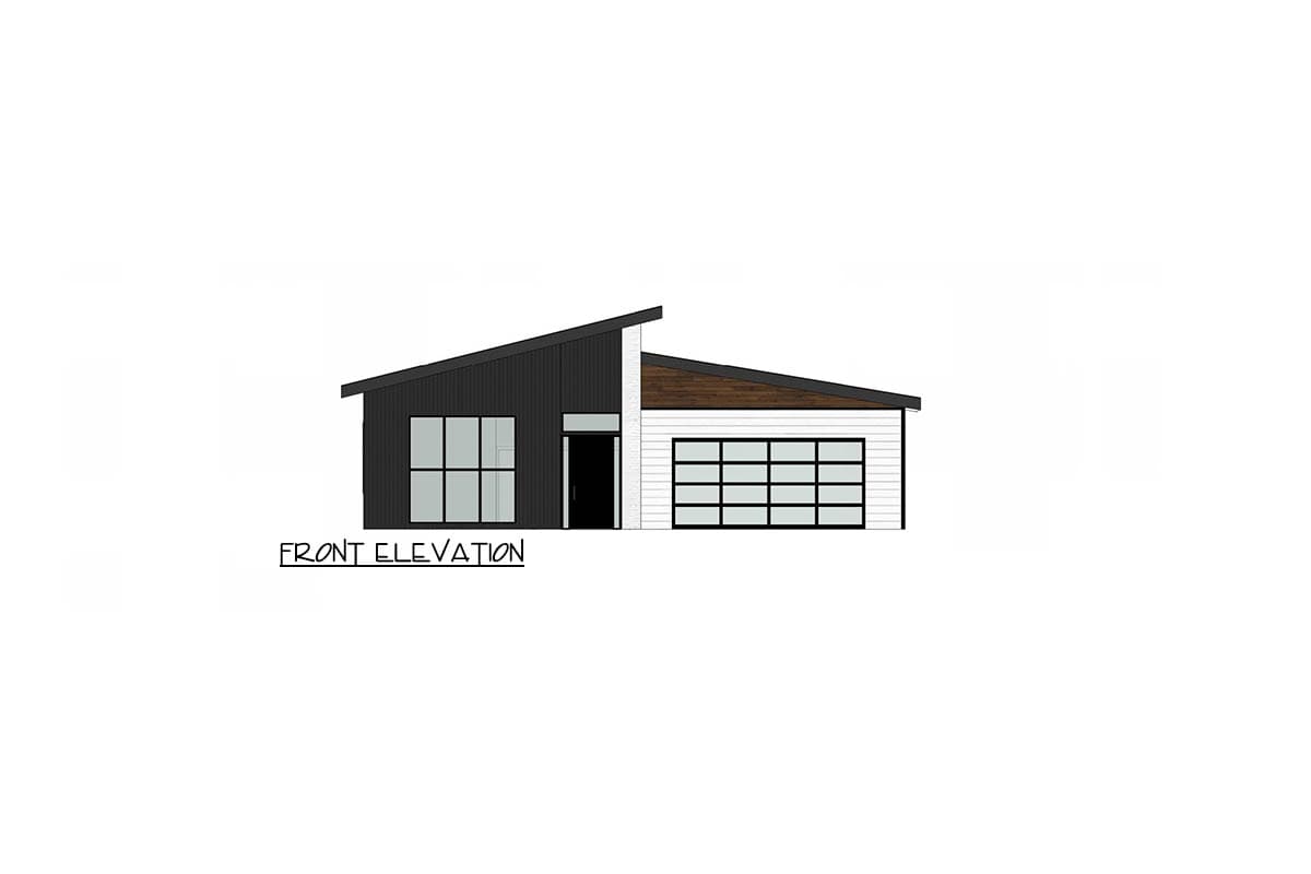 A front elevation architectural drawing of a modern house, featuring black and white siding with large windows and a garage door, labeled below.