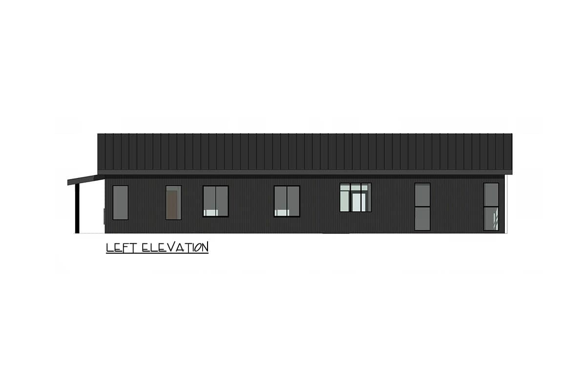 Architectural rendering of a modern house, showing the left elevation. The facade is dark gray with multiple windows and a black roof.
