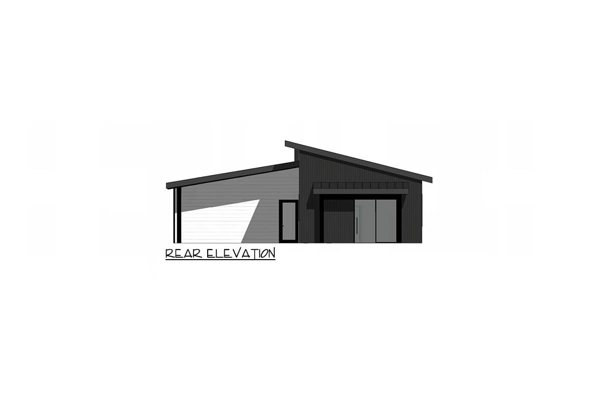 Rear elevation of a modern house, a simple sketch with a sloped roof, gray siding, and a contrasting black entrance area.