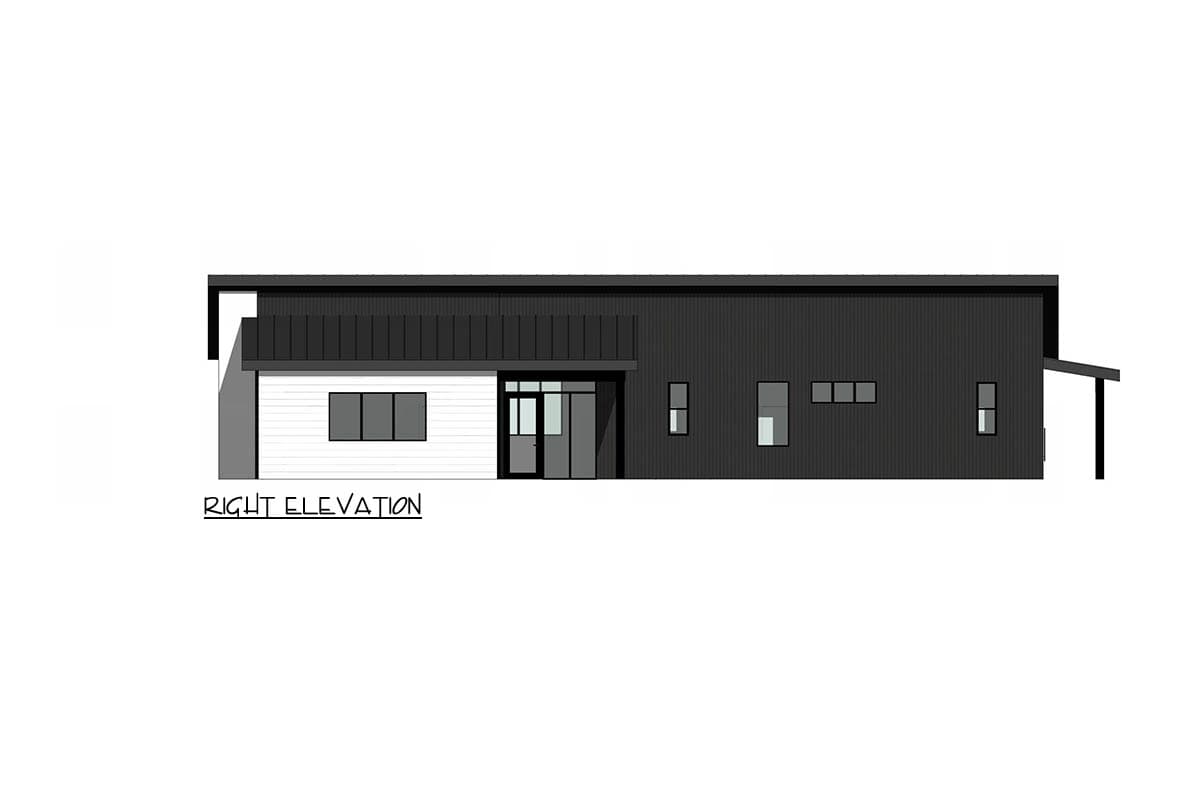 Architectural rendering of a modern house. The design features a flat roof, large windows, and a combination of white and black siding, labeled as 'Right Elevation'.