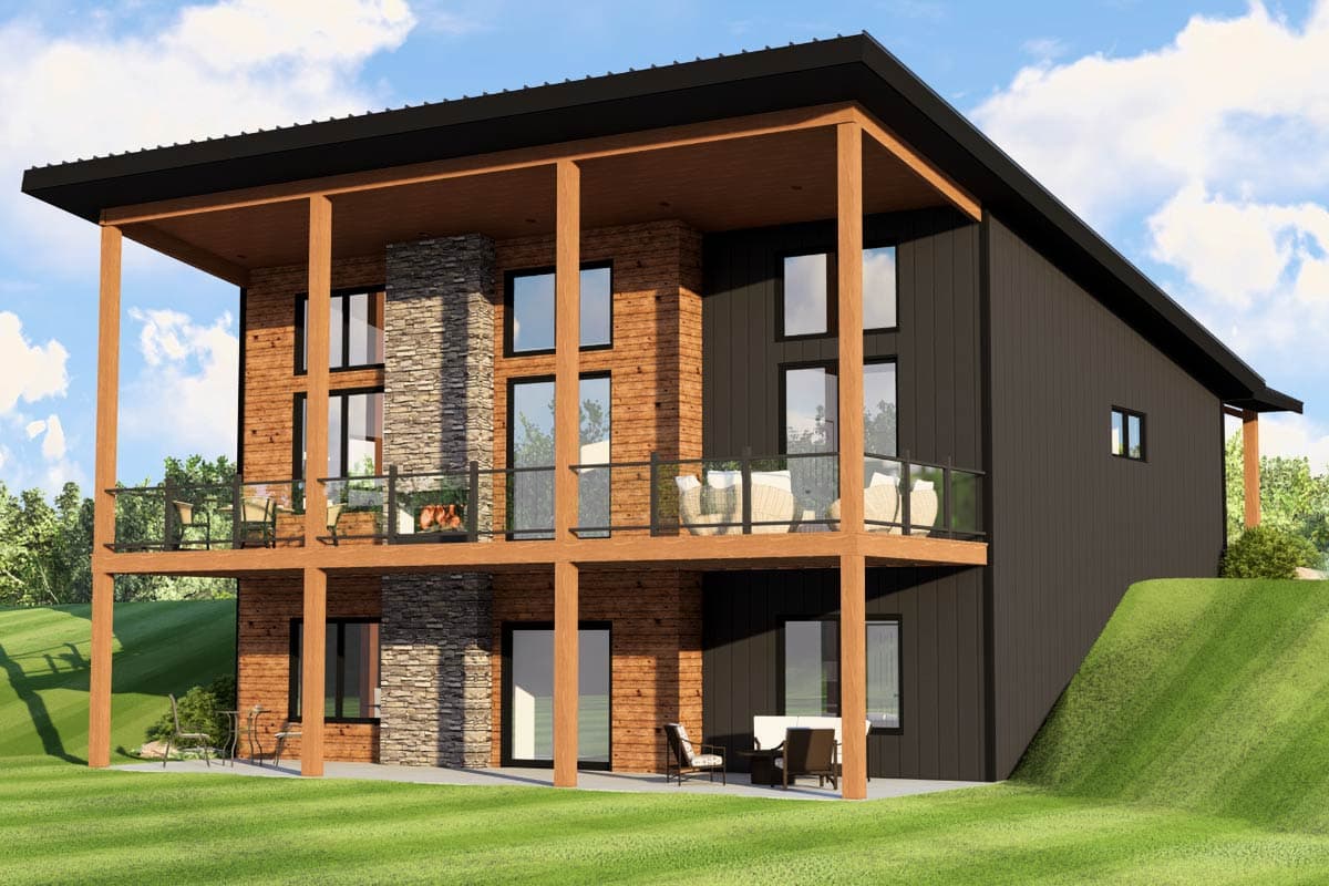 Modern two-story house plan exterior with wood siding, stone chimney, pitched roof, balconies, and large windows.