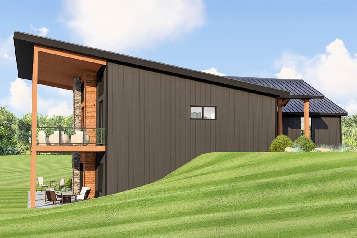 Modern house plan exterior with a two-story section, covered balcony, stone and wood accents, and a metal roof.