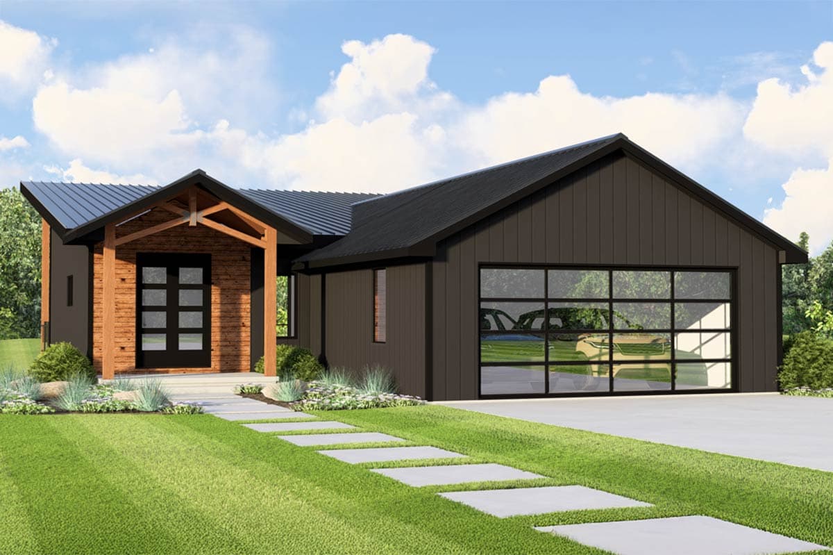 Modern house plan exterior with dark siding, metal roof, wood-accented entryway, and large glass garage door.