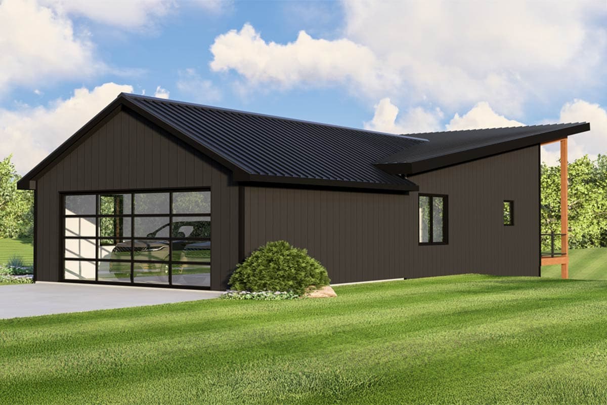 Modern house plan exterior with vertical siding, asymmetrical rooflines, a glass garage door, and a covered porch.