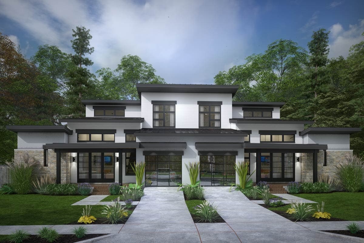 Modern house plan exterior with flat rooflines, two stories, stone accents, multiple windows, and double glass garage doors.