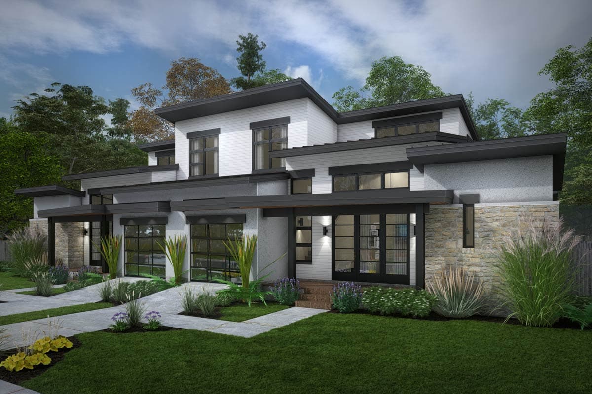 Modern house plan exterior with stone accents, flat rooflines, multiple gables, and two glass garage doors.