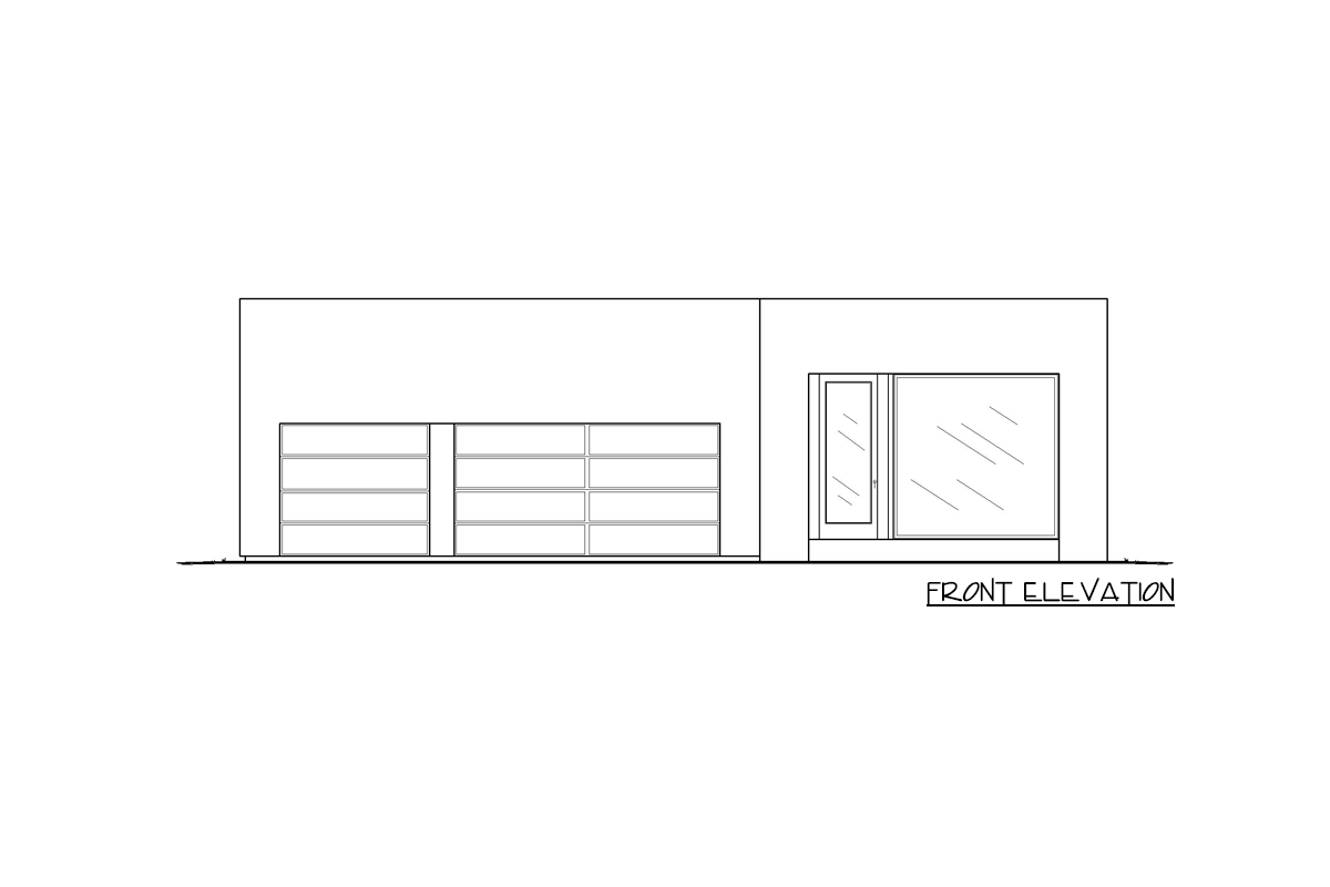 Front elevation drawing of a house plan showing a multi-pane garage door and a glass door next to a large window.