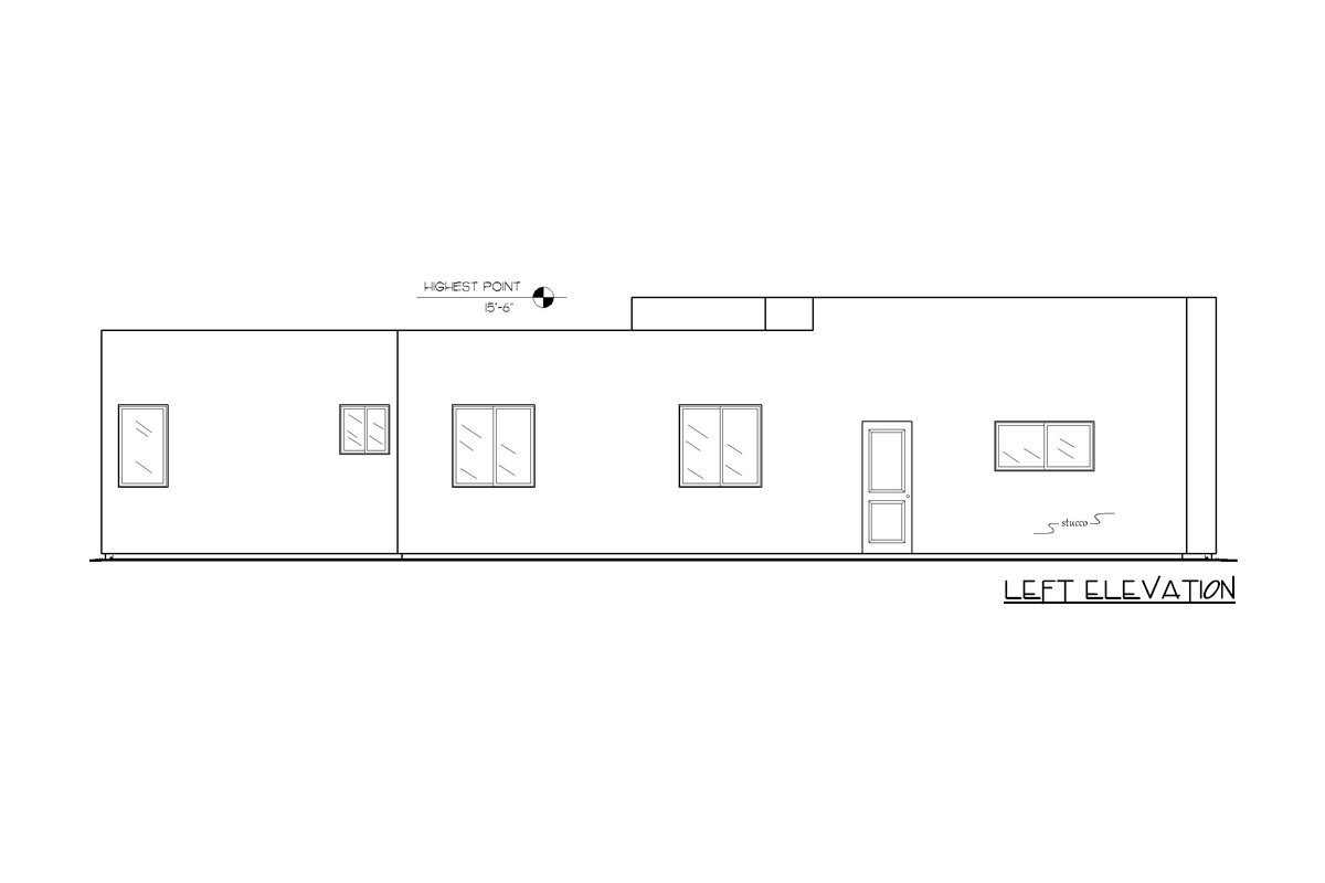 Left elevation drawing of a house plan with a single door, multiple windows, and a roofline noted at 15'-6" highest point.