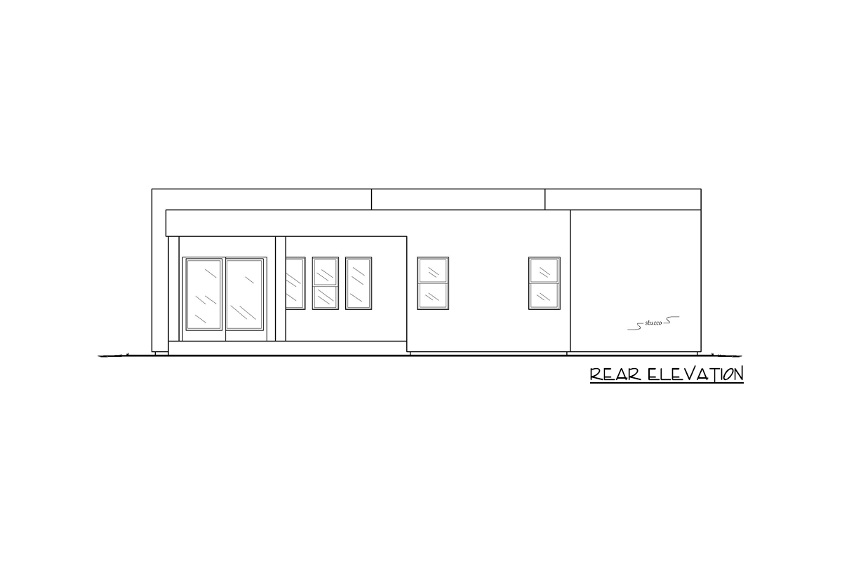 Rear elevation drawing of a single-story house plan with sliding glass doors and multiple windows.