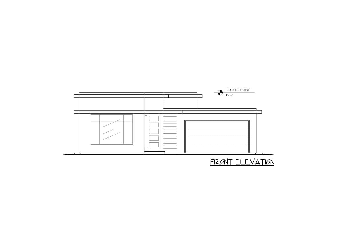 Front elevation drawing of a modern house plan with a large window, front door, and attached garage.