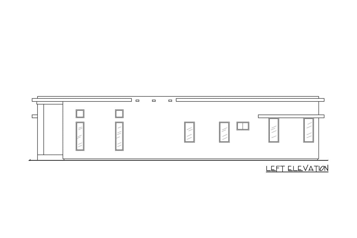 Left elevation drawing of a single-story house plan with a flat roof and numerous windows.