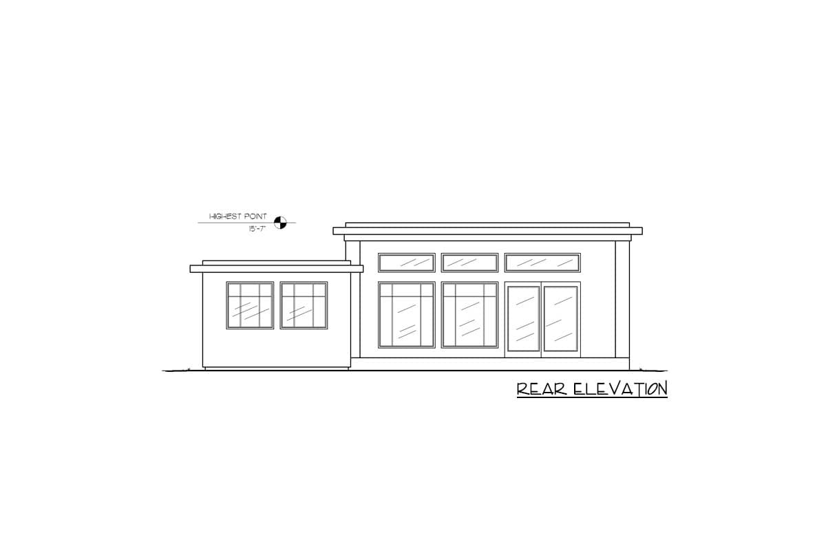 Rear elevation drawing of a modern house with a flat roof, large windows, and glass doors.