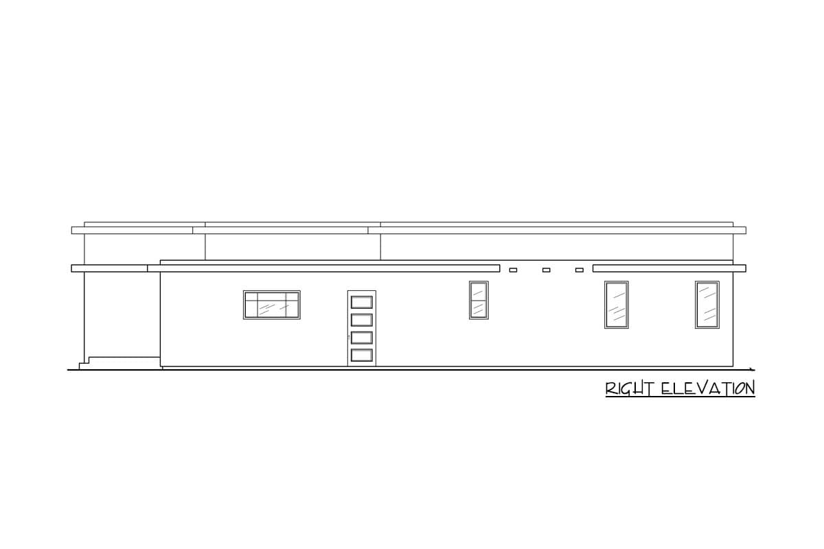 Right elevation drawing of a house plan showing a flat roofline, entry porch, and multiple windows.