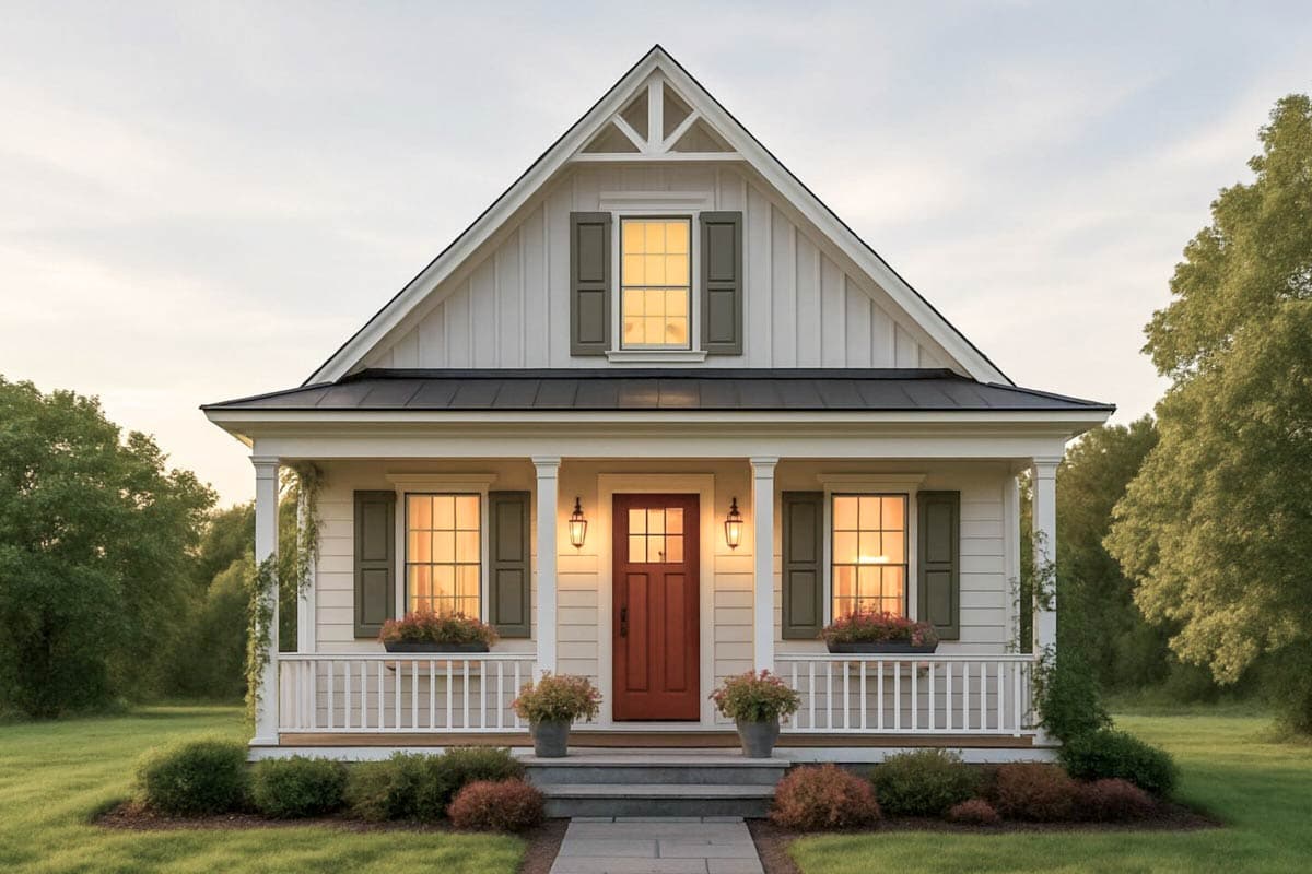 House plan exterior: a one-story Modern Farmhouse with a covered porch, gable, and dormer.