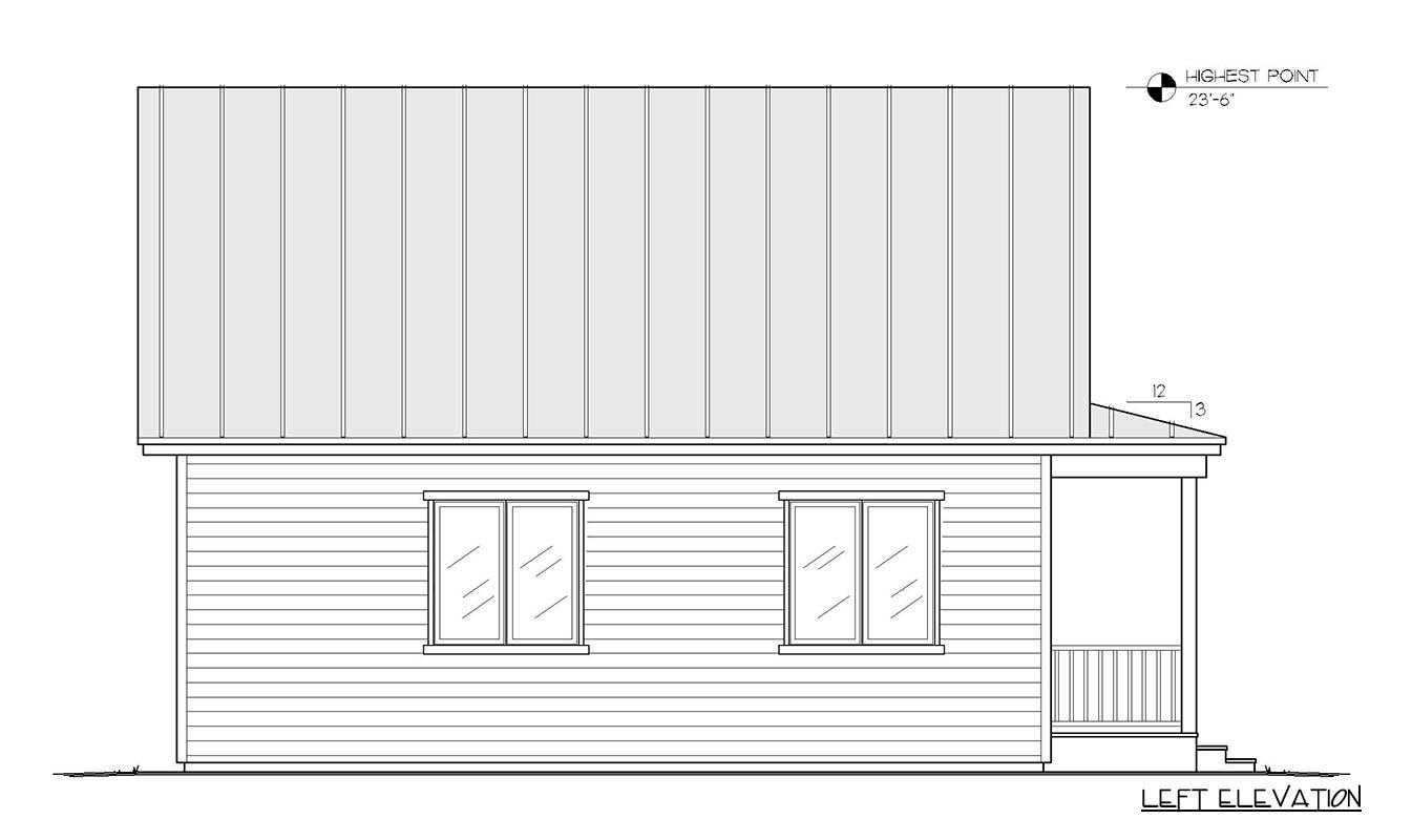 Left elevation drawing of a house plan showing two windows, a porch with railings, and a metal standing seam roof.