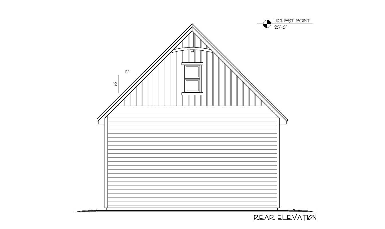 Rear elevation drawing of a house with a gable roof, vertical siding, and one dormer window.