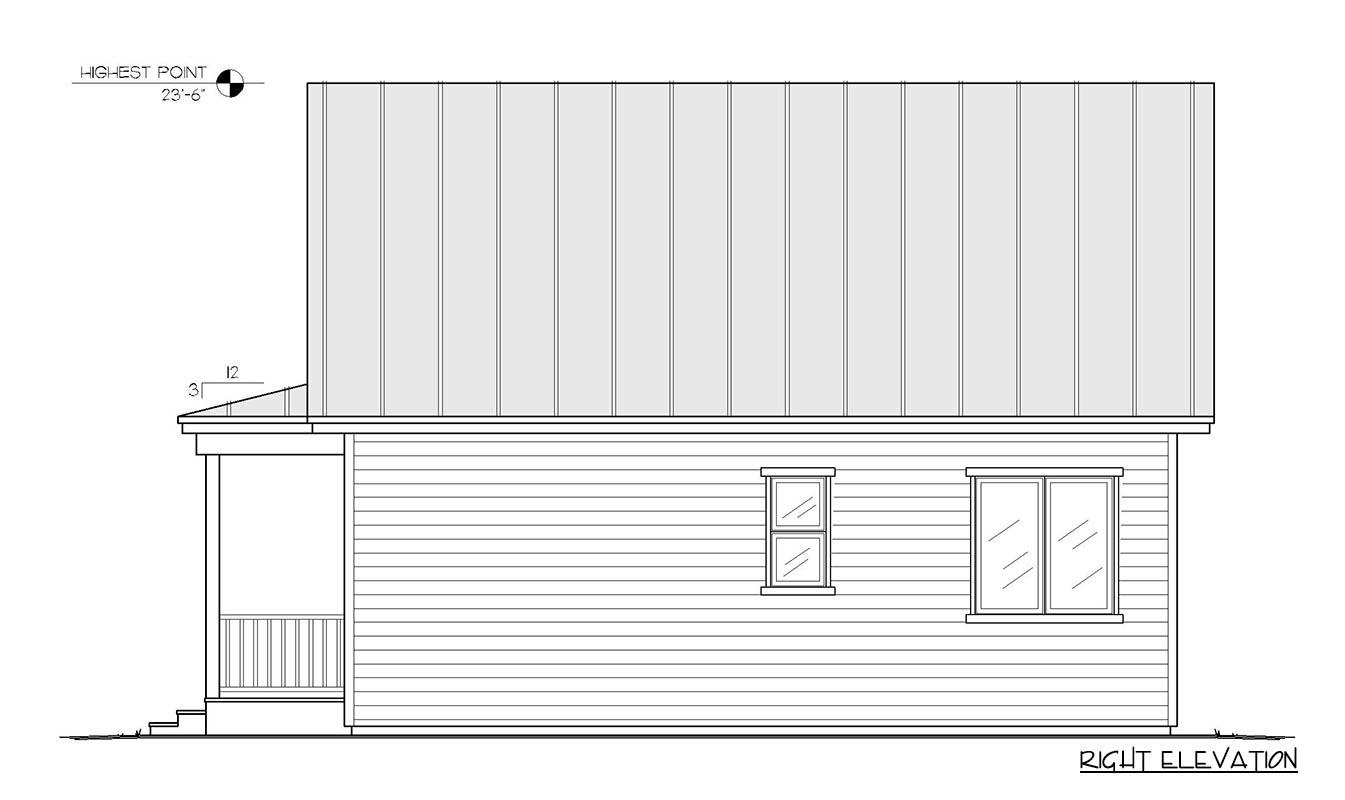 House plan right elevation drawing showing a porch with railings, siding, two windows, and a standing seam metal roof.