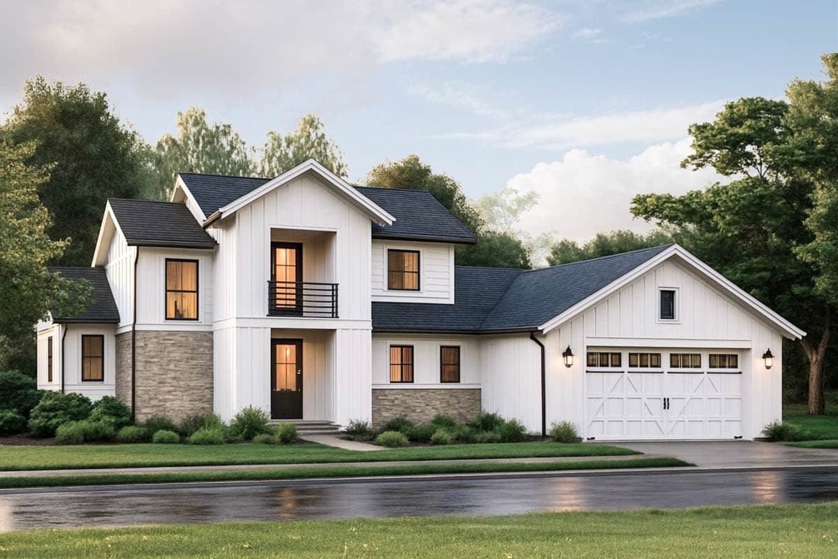 Modern farmhouse exterior house plan with two stories, board and batten siding, multiple gables, and a two-car garage.