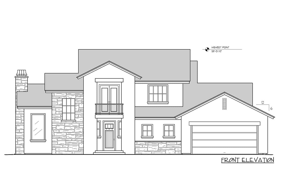 Front elevation house plan showing a two-story home with stone accents, a second-story balcony, and a side-entry garage.