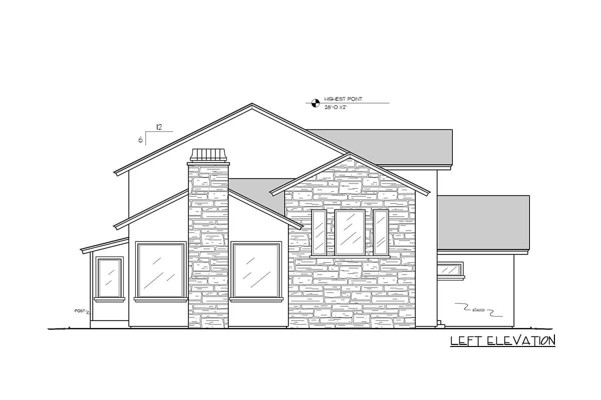 Left elevation house plan with stone chimney, multiple gables, and varied window styles.