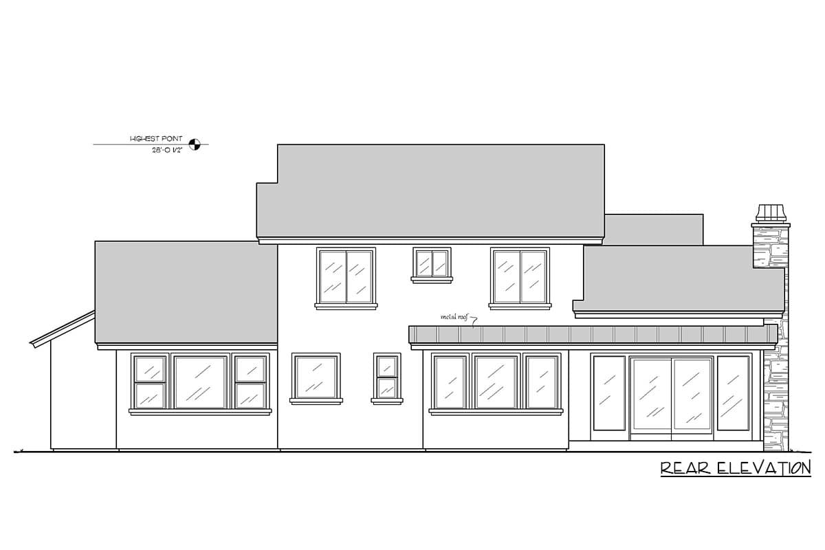 Rear elevation drawing of a house plan featuring a chimney, multiple windows, and a metal roof section.