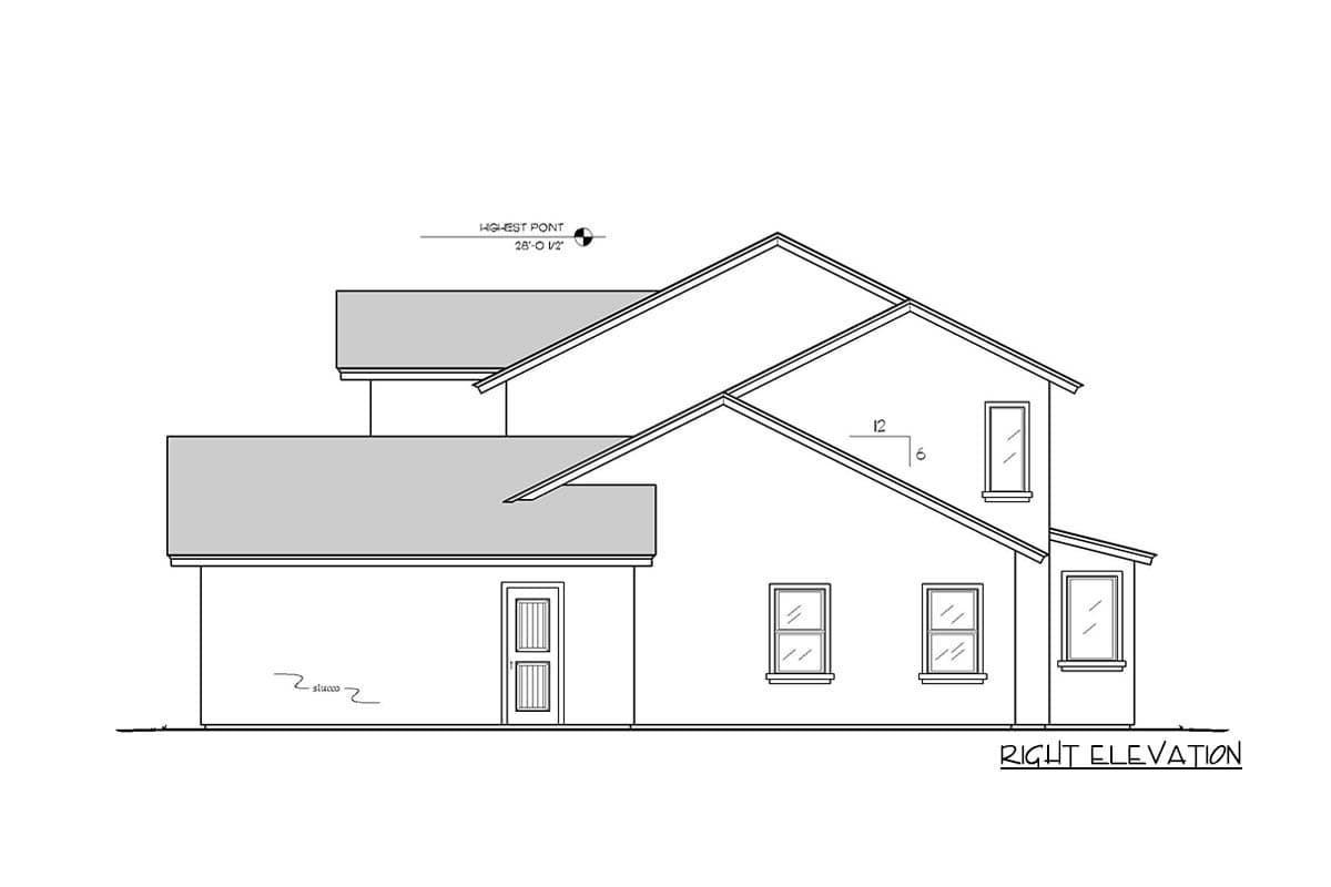 Right elevation house plan showing a two-story structure with layered gable rooflines and multiple windows.
