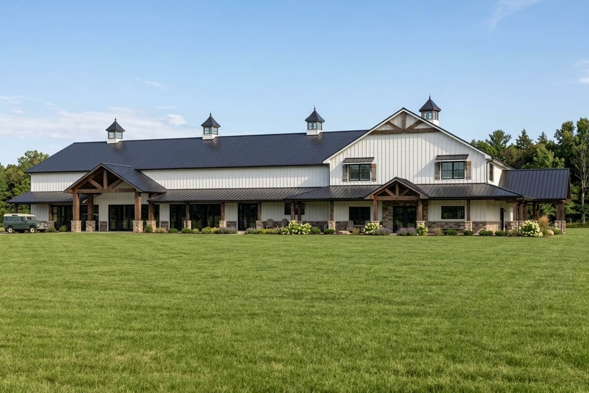 House plan exterior: Large white barn-style building with dark metal roof, gabled dormers, covered porches, and stone accents.