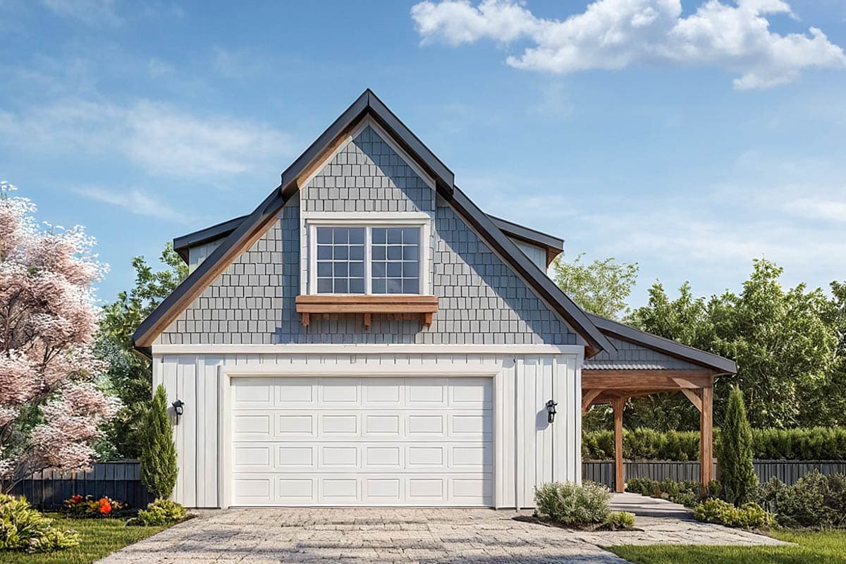 House plan exterior featuring a garage, gabled roof with shake siding, and a covered porch. Gable dormer with window.