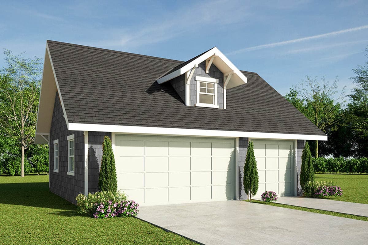 House plan exterior. Two-story garage with gable roof, dormer, and two garage doors. Gray siding and white trim accent.