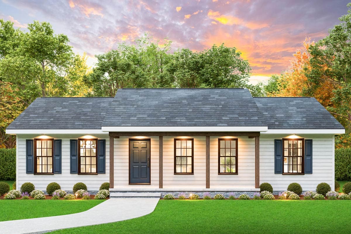 House plan exterior. Ranch style, one story. Features include a front porch, gabled roof, and symmetrical window placement with shutters.