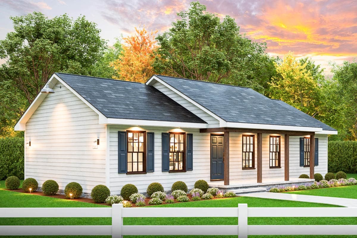 House plan exterior: Single-story Modern Farmhouse with gabled roof, covered front porch with wood posts, and horizontal siding.