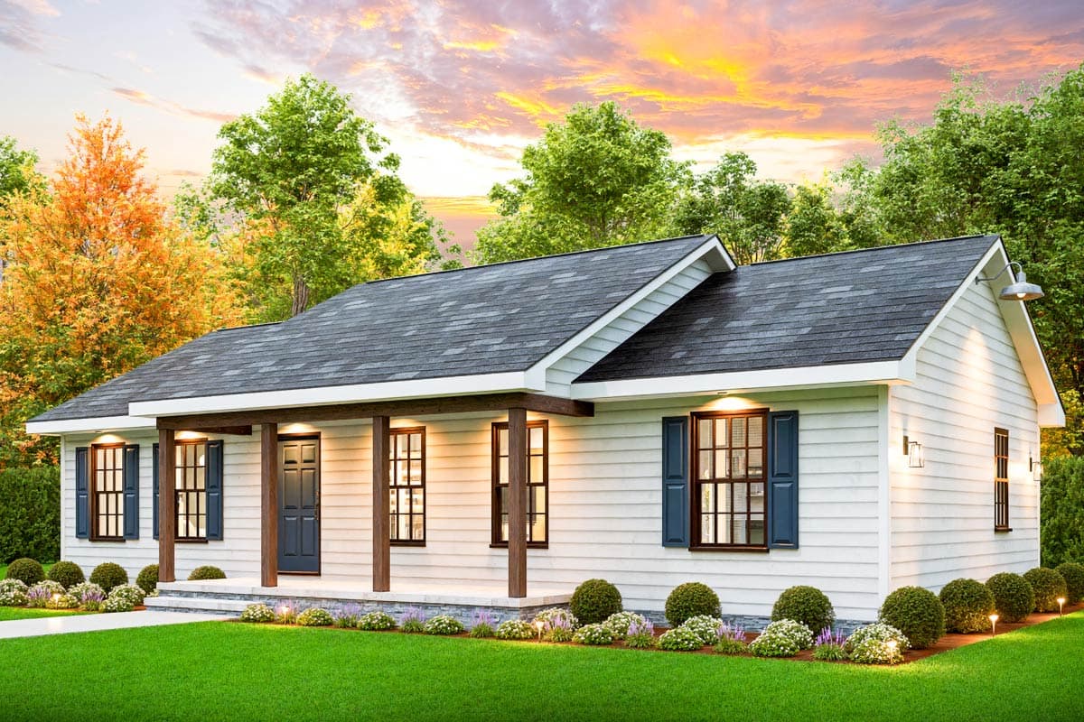 Ranch house plan exterior with gabled roof, covered porch supported by wooden posts, and white lap siding.