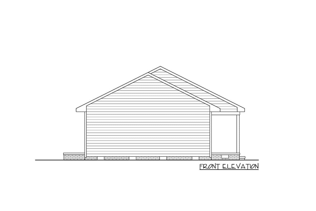 Front elevation drawing of a house with a gable roof, horizontal siding, and a porch.